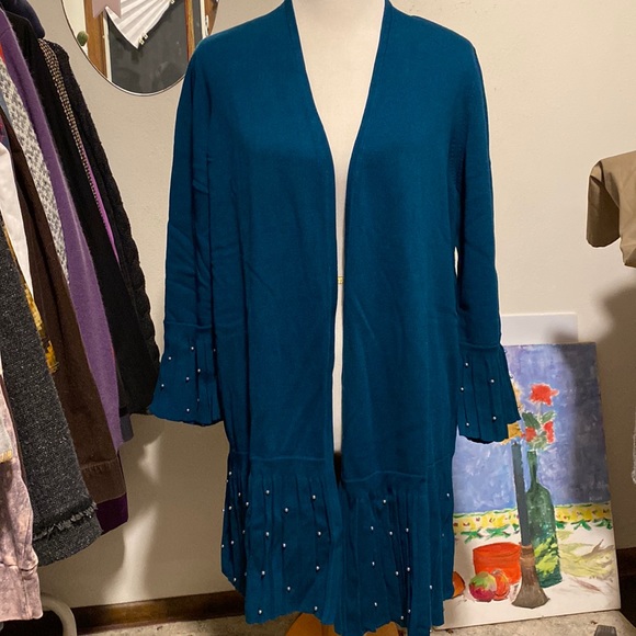 Chico's Sweaters - CHICOS long open front cardigan. Pleated hem & sleeves faux pearl embellished XL
